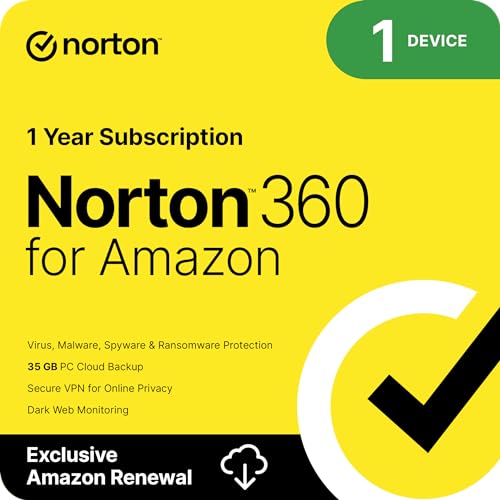 Norton 360 for Amazon, Antivirus software for 1 Device, Includes VPN, Dark Web Monitoring, and PC Cloud Backup, Activation Required [Subscription]
