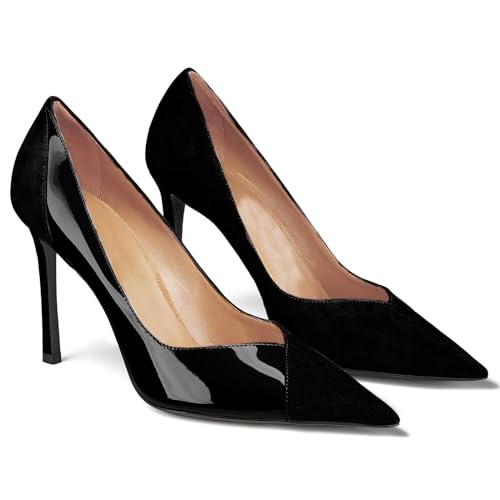 Coutgo Womens Pointed Toe High Heels Pumps Patent Suede Stiletto Heel Slip on Office Party Wedding Dress Shoes Black