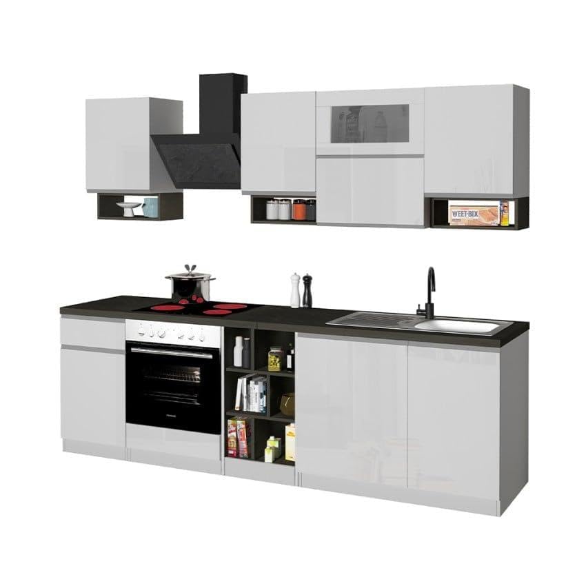 Cucina completa componibile design lineare stile moderno 256cm Essence - Bianco - Grigio