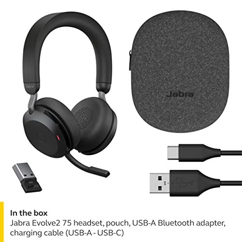 Jabra Evolve2 75 Pc Wireless Headset With 8-Microphone Technology - Dual Foam Stereo Headphones With Adjustable Advanced Active Noise Cancelling, Usb-A Bluetooth Adapter And Uc Compatibility - Black #TOP5
