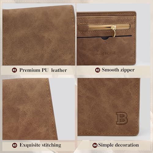Card Wallet, PU Leather Card Holder Wallet Slim Wallet with Multiple Card Slots for Men, Textured Mens Bifold Wallet with Zipper for Cash, Credit Cards, Change (coffee)3