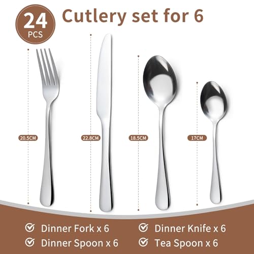 Cutlery Set for 6 People,24 Piece Stainless Steel Silverware Set,Silver Flatware Set with Spoon Knife and Fork,Mixed Cutlery Sets,Dishwasher Safe,Easy Clean, Mirror Polished - Image 3