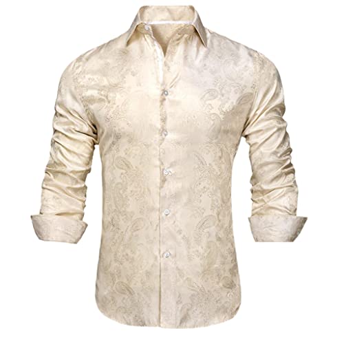 Ivory Champagne Paisley Silk Men's Shirtlong Sleeve Casual Shirts for Men Jacquard Male Business Party Wedding Dress