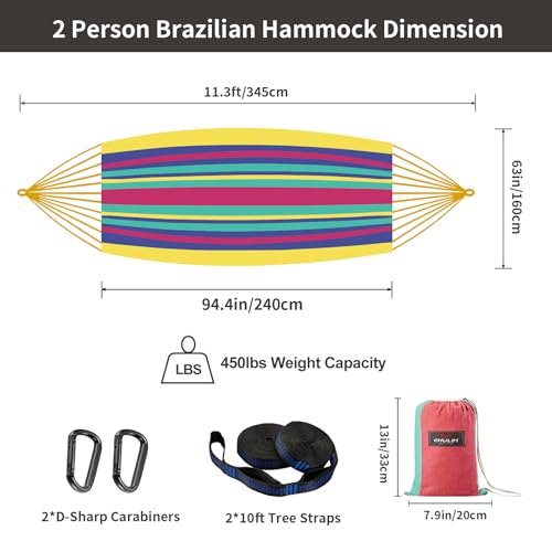 Image of CHULIM Brazilian Double Hammock with Tree Straps,Extra Large 94x63IN,2 Persons Hammock for Backyard Patio Outdoor and Indoor,450lbs Weight Capacity,Soft Woven Cotton Fabric - Aqua Bule Stripe