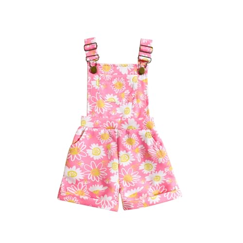 Dcohmch Toddler Girls Overalls Flower Print Sleeveless Straps Buttons Pockets Shortall Summer Romper Jumpsuit (Pink 2, 12-18 Months)