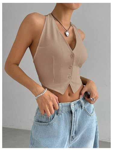 MakeMeChic Women's Button Front Halter Crop Tops Tie Back Fitted Vest Top Suit Vest Waistcoat4