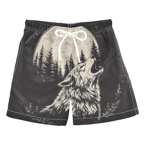 DOMIKING Wolf Moon Black Toddler Boys' Swim Trunks Mesh Lining Swim Shorts for Child Boys Adjustable Waist 2T