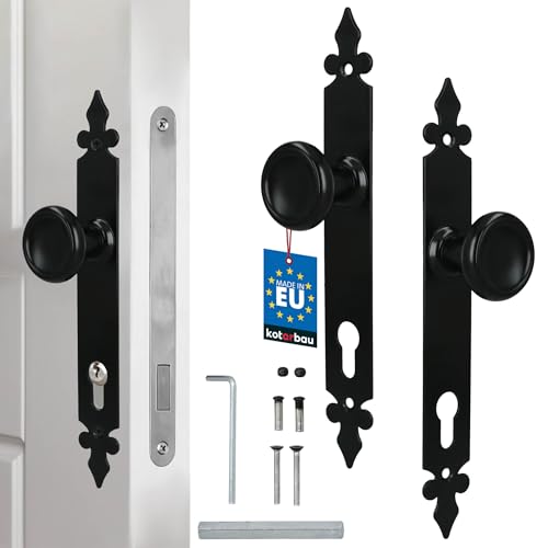 KOTARBAU® Juego de tiradores para puerta, Manillas con agujero para cilindro 90 mm, Manillas de acero negras retro, 2 Manetas con pomos para puerta, Manijas de placa larga, Picaportes con pomo vintage