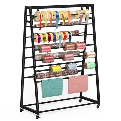 15 Tier Ribbon Organizer Double-Sided Rolling Metal Ribbon Holder Heavy Duty Ribbon Rack Baked Paint Coating Craft Storage Cart for Wrapping Paper Vinyl Rolls Spool Rack for Flower Shop Craft Room