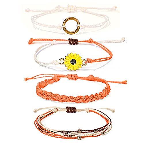 Image of Caiyao 4 Pcs Summer Surfer Wave Anklet Bracelets Adjustable Strand Braided String Rope Bracelets Waterproof Handmade Sunflower Bracelets Anklets Jewelry for Women