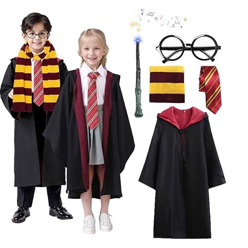 Amycute Costume di Wizard, Mantello da Mago, Occhiali da Mago Rotondi, Bacchetta Magica, Cravatta, Sciarpa Lunga, Bambini Adulti Halloween Natale Carnival Mago Costume Fancy Dress (135)
