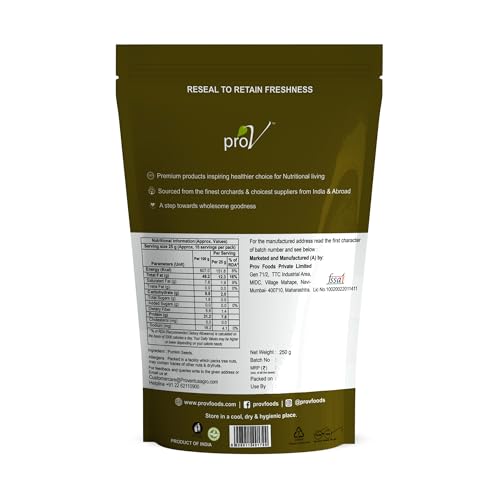 Image of ProV Premium Pumpkin Seeds 250g, High Protein, Source of Fiber, No Cholesterol, No Trans Fat, No Added Sugar, Kaddu Beej, Unroasted Seeds, Healthy Diet Snack, Resealable Pouch, Seeds for Eating