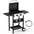 Bonnlo 20000BTU Propane Griddle with Lid and Ignition, Standing Flat Top Gas Grill with Portable Rolling Wheels and Storage Shelf, 2 Burner Camping Cooker for Patio Backyard Outdoor Cooking BBQ