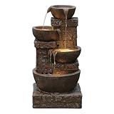 3 Tier Outdoor Waterfall Fountain with Cascading Stone Bowls and Stacked Bricks and LED Lights Freestanding Fountains in 24' Height for Garden Patio Courtyard Balconies Lawns