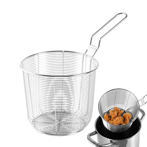 XIAOXIAOYU Cesta de acero inoxidable para freír profunda, con mango antiquemaduras, para cocinar verduras, cesta redonda grande de malla de alambre para patatas fritas, resistente al calor