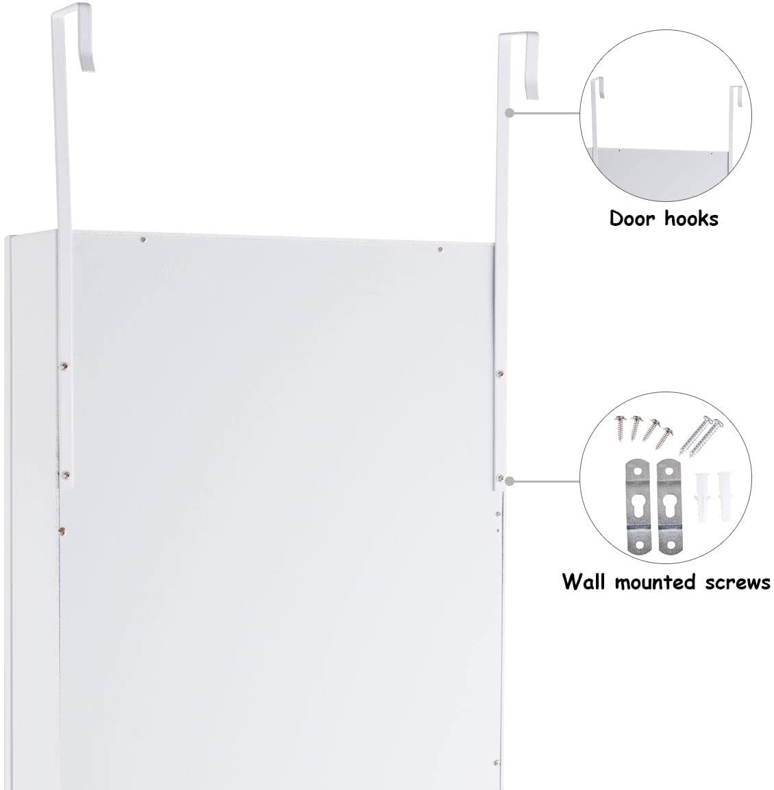 RELAX4LIFE Schmuckschrank mit 15 LED Leuchten & Spiegel, Hängeschrank im Landhausstil, Spiegelschrank mit 2 Schubladen & 2 Schlüsseln, Tür- & Wandmontage, für Ohrringe & Ketten & Ringe, Weiß, Holz