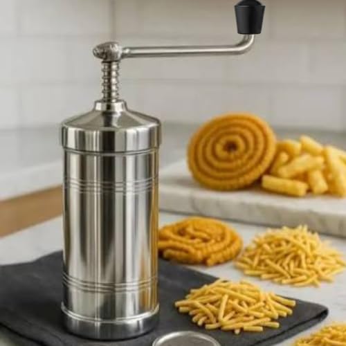 Image of Vexora Stainless Steel Kitchen Press with 6 Jali Sev Sancha Machine | Murukku Maker Chakli Maker Bhujia Maker Gathiya Press Noodles Maker Namkeen Maker | 450 g