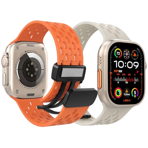 WinReir Magnetic Band Compatible with Apple Watch Ultra 2 /Ultra 49mm/42mm/44mm 45mm Women Men, 2 Pack Silicone Waterproof Sport Straps for iWatch Series SE 9 8 7 6 5 4 3 2 1,Starlight Orange