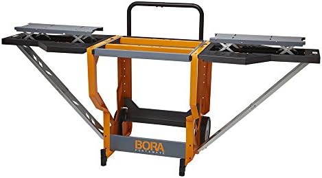 Bora Portamate - PM-8000 Miter Saw Stand Work Station | Mobile Rolling Table Top Workbench | Orange & Grey with Folding Wing Extensions Orange/Black