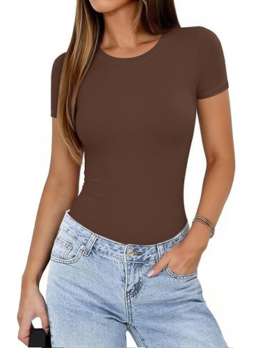 Avidlove Brown Bodysuit Women Crew Neck Body Suits Short Sleeve Soft Seamless Slim Fit Basic Tee Shirts