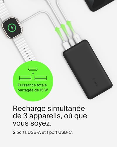 Belkin batería externa portátil de 10000mAh, cargador externo USB-C con 1 puerto USB-C y 2 puertos USB-A, power bank de 15 W, batería portátil para iPhone, Galaxy, Pixel, AirPods, iPad y otros - Noir