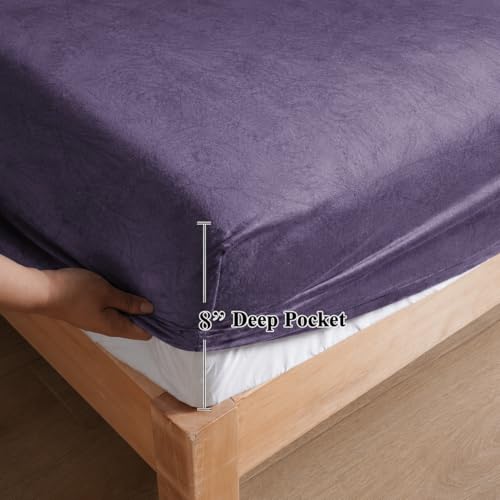 Image of Warm Flannel (Flano) King Size Winter Fitted Bedsheet | All Side Elastic Premium Winter Soft Velvet Furnishing Bed Sheet with 2 Big Pillow Cover Size - 72 x 78 X 8 Inches Solid Lavender