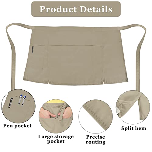 Colexy Waist Apron Front Ties 2 Pcs Waiter Apron Waist Apron with 3 Pockets Baking Apron Waist Aprons Cooking Apron for Bistro Restaurant Hotel Cafe Chef Waiter Cleaning Painting Gardening (Beige) - Image 4