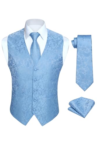 HISDERN Gilet Costume Homme Bleu Clair Paisley Jacquard Gilet Cravate Pochette Mouchoir Ensemble Gilets Sans Manche Hommes Mariage L
