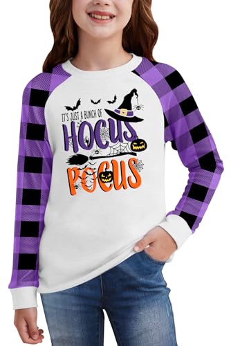 Image of BesserBay Girls Halloween Funny Plaid Graphic Shirt Long Sleeve Spooky Patchwork Raglan Top 5-14 Years