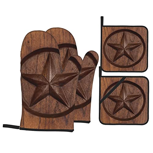 Bokekang Retro Western Texas Star In Wood Oven Mitts And Pot Holders Sets Of 4 Western Kitchen Mitts Heat Resistant Texas Star Oven Gloves Set Potholders For Kitchen Baking Grilling Bbq #TOP7