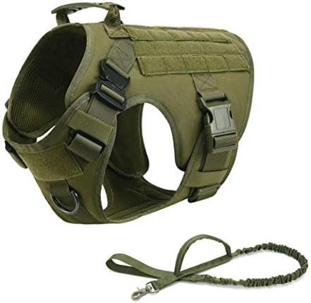 Tactical Dog Harness Vest with Handle Military Service Dog Harness Vest with Metal Buckles & Loop Panels Free Bungee Dog Leash (Green Set XL)