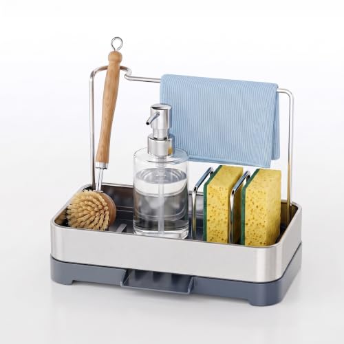Image of Birch & Co. Kitchen Sink Caddy Organizer, Stainless Steel Countertop Storage Rack with Sponge Holders, Dishcloth Towel Bar & Brush Holder, Self-Draining Sink Organizer