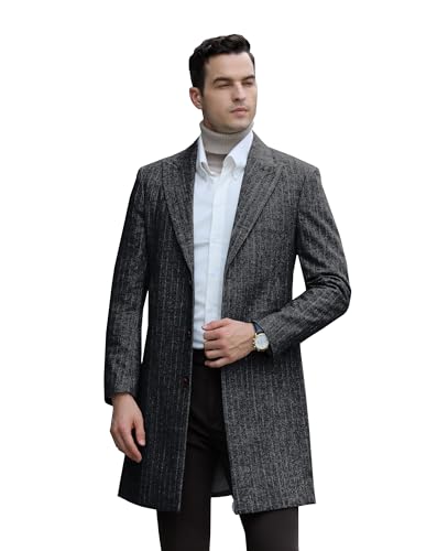 Mens Trench Coat Herringbone Wool Peak Lapel Single Breasted Long Slim Fit Pea Coat Business Suit Jacket for Men