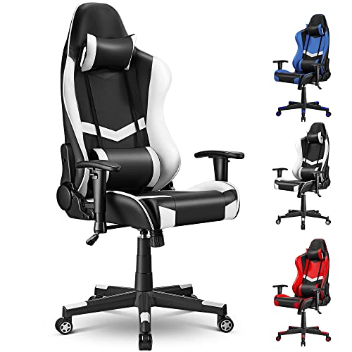 Suntric Gaming Stuhl, Computerstuhl Ergonomisch Bis 150 kg Belastbarkeit, 90°-160° Rückenlehne Verstellbar, Höhenverstellbarer, mit Lendenkissen, Kopfkissen, Armlehnen, Bürostuhl- Weiß