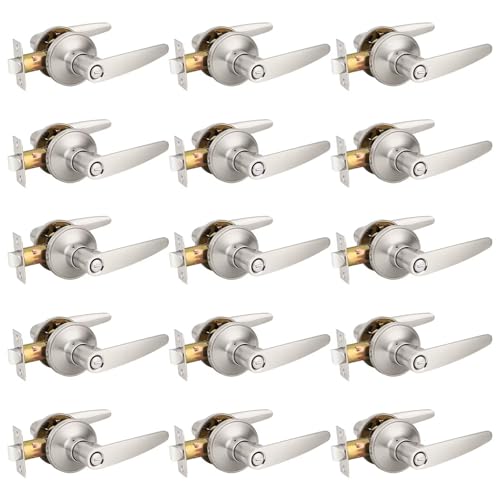 Image of Probrico 15 Pack Privacy Door Levers Door Handles for Bedroom or Bathroom Keyless Leverset, Locked in Side Home /Office Door Lockset,Modern&Durable in Satin Nickel Door Hardware