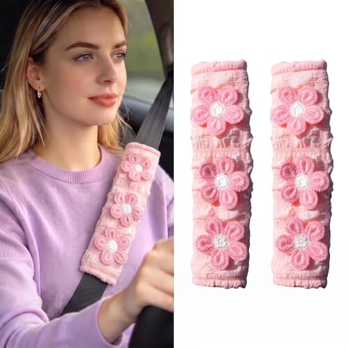 Image of Cute Pink Flower Seat Belt Cover Pads for Women Girls - Soft Plush Seatbelt Cushion, Fun Car Accessories (2, Pink Flower Pink Seersucker Pad)