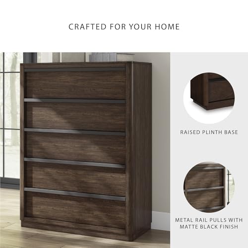Image of Signature Design by Ashley Kendamor Contemporary 5-Drawer Chest with Felt-Lined Top Drawer and Easy Glide for Bedroom, Dark Brown