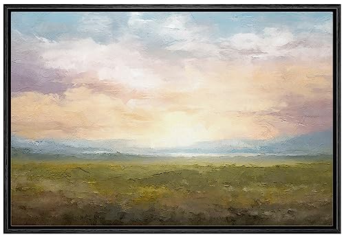 wall26 Framed Canvas Print Wall Art Sunset Sky Rustic Grass Field Nature Wilderness Illustrations Fine Art Decorative Farmhouse/Country Relax/Calm/Cozy Multicolor Zen for Bedroom - 24"x36" Black