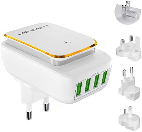 LENCENT Reseadapter, Adapter Resekontakt med Nattlampa/4 USB (4,4 A), Kontakt Uttagsadapter Resekontakt Strömadapter för 220 Länder Tyskland England Europa Storbritannien USA Australien