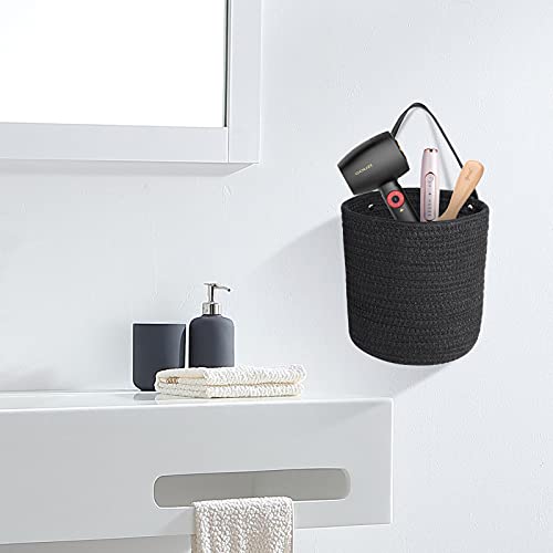 N/As 2Pcs Of Black Hemp Rope Hanging Basket-10.6" X 5.5" Hanging Woven Wall Basket Set With Leather Handles,Wall Mounted Woven Hanging Basket Storage,Shelf Basket Organizer For Plants (Black) #TOP3