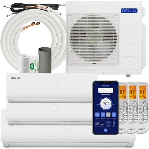Della 36K BTU ODU Tri 3 Zone 9K 9K 24K BTU 19 SEER2 208-230V Cools Up to 2300 Sq.Ft, Works with Alexa, Wifi Energy Efficient Multi Zone Mini Split Air Conditioner Pre-Charged Heat Pump Full Set