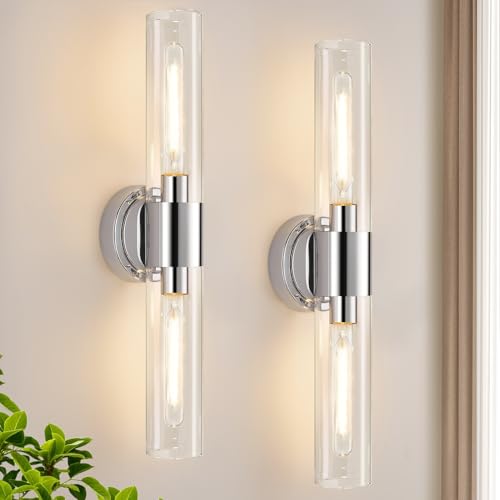 Image of Wall Sconces Set of Two, Modern Bathroom Sconces Wall Lighting with & Clear Glass Glass, Chrome Sconces Wall Decor Set of 2 for Bathroom Mirror Bedroom Living Room Hallway