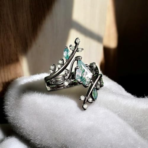 Kite Cut Natural Green Moss Agate Engagement Ring with Moissanite Accents, Art Deco 14K Rose Gold Bridal Set, Nature Leaf Design Wedding Band & Ring – 2-Piece Handmade Jewelry Gift for Her3
