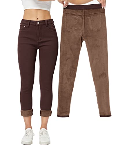 Yehopere Damen Winter Fleece Gef¨¹ttert Jeans Slim Fit Warm Skinny High Waist Denim Jeans, Braun massiv, M Yehopere Damen Winter Fleece Gef¨¹ttert Jeans Slim Fit Warm Skinny High Waist Denim Jeans, Braun massiv, M