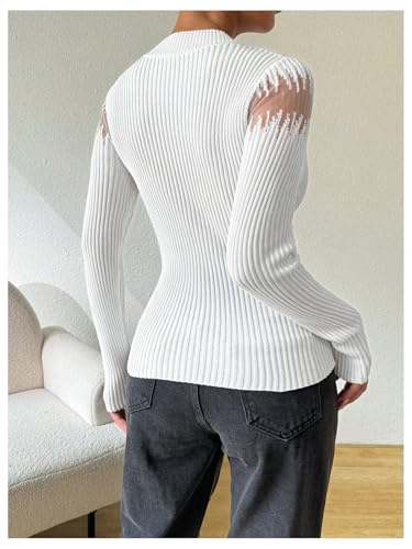 Image of MakeMeChic Women's Crew Neck Fitted Sweater Sheer Mesh Long Sleeve Knit Top