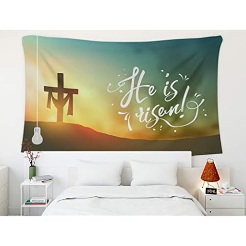 Crannel Hallowen Tapestry, Christian Easter Scene Saviour39S Cross on Dramatic Sunrise Scene with Text He is Ris,Tapestry 80X60 Inches Wall Tapestries Hanging for Dorm Room Living Home Decorative Cover