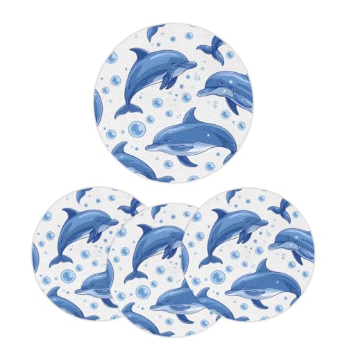 Mintoprints Juego de 4 manteles individuales redondos trenzados con diseño de delfín azul, manteles individuales lavables para mesa de cocina, comedor, 38 cm