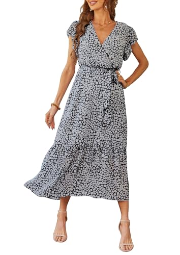 PRETTYGARDEN Women's Summer Floral Boho Maxi Dress Wrap Short Sleeve V Neck Ruffle A-Line Flowy Wedding Guest Long Dresses