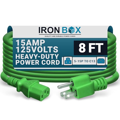 Image of IronBox Electric - Heavy-Duty 5-15P to C13 Power Cord - 3 Prong 15A 125V 14 /3 SJT PC Cable - Cord for Computer, Monitor, Subwoofer, Amplifier - Cable for Power Supply - (Green 8 Foot)