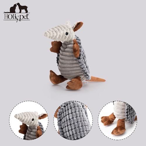 Image of Hollypet Plush Dog Squeaky Toy Stuffed Armadillo Animal Pet Puppy Chew Toys with Clean Teeth for Small Medium Large All Breed Sizes Dogs, Dark Gray, 8 in